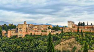Palacio de la Alhambra en el fondo con arbustos en primer plano