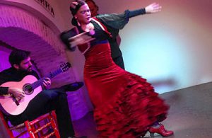 A flamenco dancer in a red dress, with a guitarist to the left.