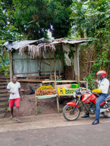 A man selling wares on the side of the road.