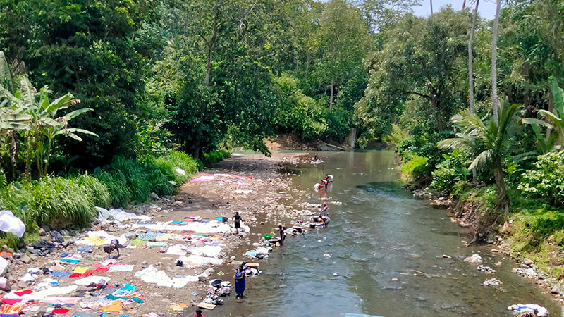 A river with washing spread out along the bank and people working on the washing