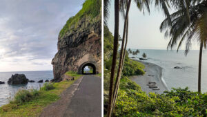 Santa Catarina Tunnel through a rocky cliff which extends down to the ocean, and overhead photo of the beach with fishing boats in the sand.