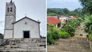Left photo: Stone steps lead up to a quaint white church and bell tower. Right photo: View of red roofed residences amid green palms.