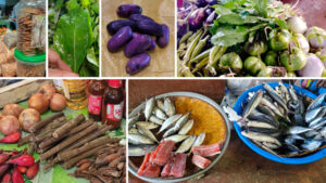 Sweets, cilantro, purple and green fruits and vegetables, onions, roots and a variety of fish.