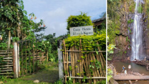 Left Photo: Bamboo fence at the entrance to the Casa Museu Alamda Negreiros. Lush greenery spills over the fence top. Right Photo: Waterfall cascades into a natural pool, where our travelers cool their feet.
